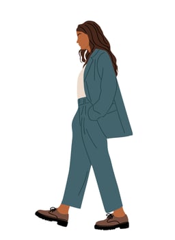 Young business woman in suit walking side view. vector