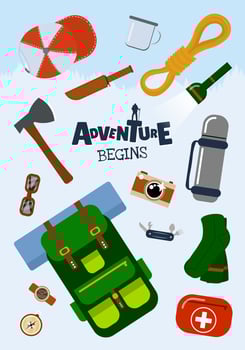Hiking and camping gear backpack and compass, flashlight and survival tools. Trendy outdoor adventure theme with nature inspired design. Perfect for travel, trekking and expedition concepts. Poster vector