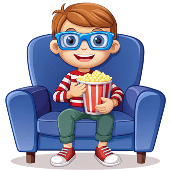 Happy Boy Watching Movie with Popcorn in Armchair png