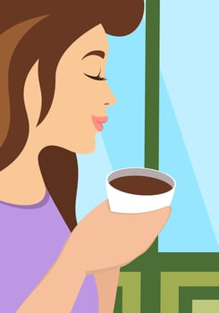 Elegant woman enjoying tea or coffee in cozy cafe setting. Warm tones create peaceful relaxing atmosphere. Perfect for morning, lifestyle or wellness themes. Modern trendy drawing print. vector