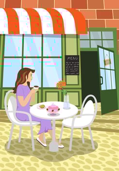 Cozy cafe scene with woman enjoying tea or coffee at table. Warm inviting outdoor atmosphere. Perfect for coffee shop, menu or lifestyle themes. Modern trendy drawing poster. vector
