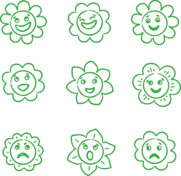 Thin line icon set of green cartoon flower emoji with face expression smile angry sad surprised. Simple icons, flat illustrations. vector