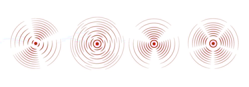 Set of rings with sound waves, broken lines and dots. Red rings with radial lines symbols of pain and inflammation. Target icon, epicenter. Rotating circle. Concentric vortex circles. vector