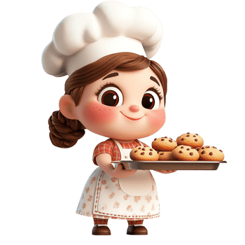 Adorable Cartoon Girl Chef Baking Delicious Chocolate Chip Cookies Isolated on Transparent Background png