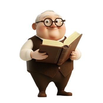 A cheerful elderly cartoon man reads a large book, Isolated on Transparent Background png