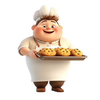 Happy Baker Presenting Freshly Baked Chocolate Chip Cookies Isolated on Transparent Background png