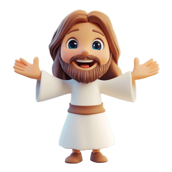 A cheerful cartoon depiction of Jesus Christ welcomes all, Isolated on Transparent Background png