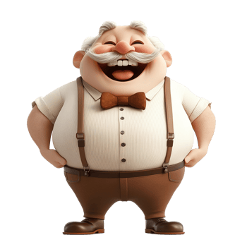A jovial elderly cartoon man laughs heartily, Isolated on Transparent Background png