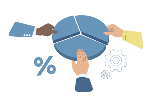 Businessman's hand is grasping the corporate or personal market share, Pie chart showing shareholder value, Business cooperation, investment, Business competition concept, Flat illustration. vector