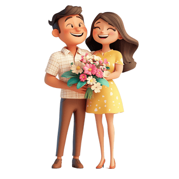 Happy Couple Holding a Bouquet of Flowers Together png