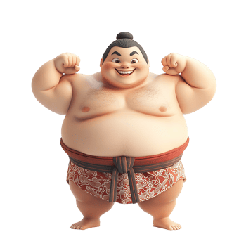 A cheerful cartoon sumo wrestler flexes his muscles png