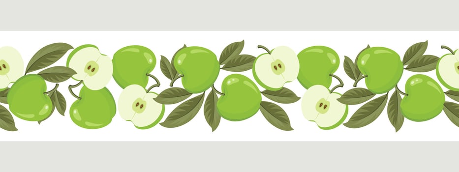 Green apple seamless border. Seamless pattern with apples whole and sliced. Illustration vector