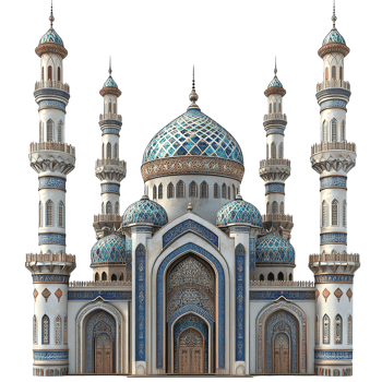 Majestic Mosque Architectural Design Blue White Domes Minarets Isolated on Transparent Background png