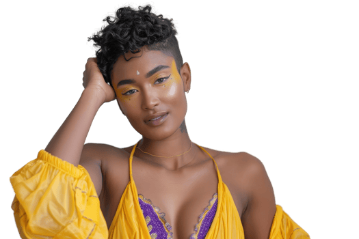 Confident Individual Posing Proudly, Celebrating Intersex Identity in Beautiful Yellow Outfit with Striking Makeup png