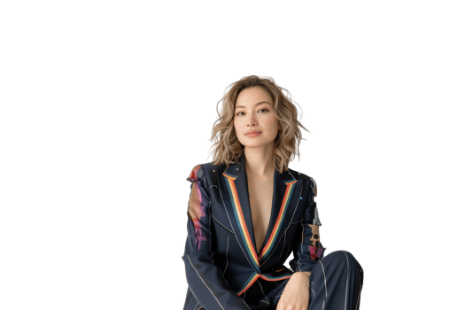 Confident woman in stylish suit with rainbow accents representing pride and individuality in a modern setting png