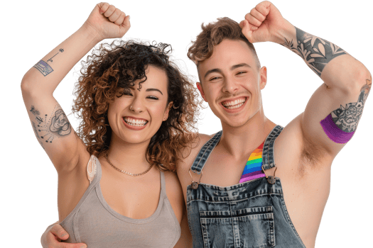 Joyful Couple of Different Gender Identities Celebrating Diversity and Love with Tattoos and Bright Expressions png