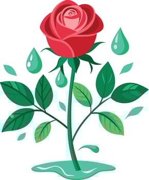 Red rose bloom, stylized illustration, vibrant colors, green leaves, water droplets, minimalist design, art, graphic design vector