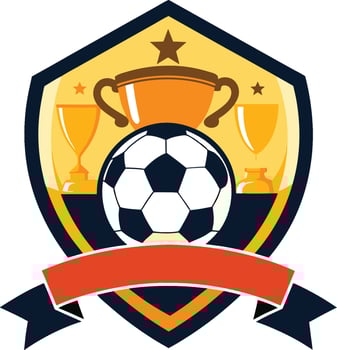 Soccer emblem, golden trophy, football, shield design, stars, championship logo, yellow and navy color scheme vector