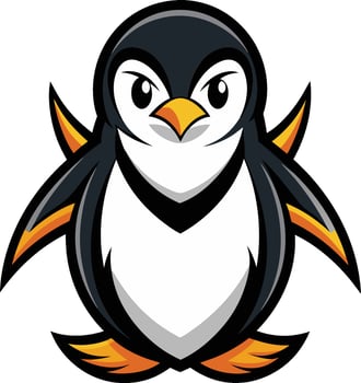 Cartoon penguin logo, stylized art, black and white with orange accents, fierce expression, sleek design vector