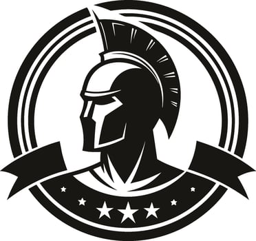 Ancient Greek warrior, Spartan helmet, profile view, black and white logo, circular emblem, banner with stars, minimalist design vector