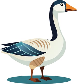 Stylized goose illustration, digital art, clean lines, flat colors, minimalist design, white body, blue wings, orange beak vector