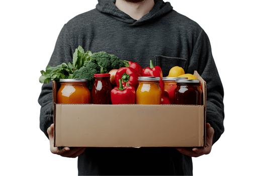 Person Holding Box of Preserved Foods and Fresh Vegetables png