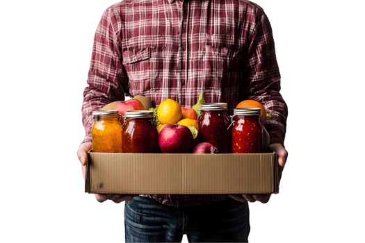 Person Presenting a Box of Colorful Preserved Fruits and Vegetables png