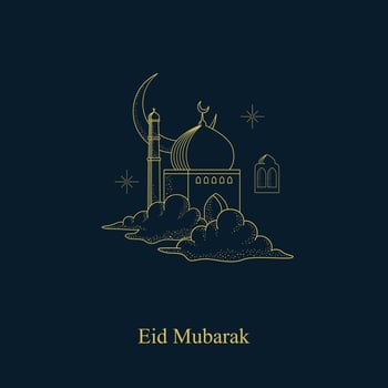 luxury elegant Mosque Illustration with Celestial Elements for islamic Design. constellations, moon, clouds, and stars. Gold decorative ornament vector
