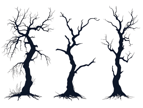 Three Dark Leafless Trees on a Transparent Background png