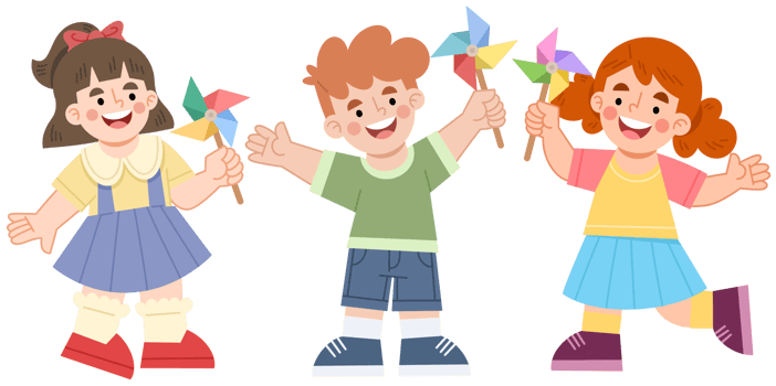 Illustration of cheerful children with pinwheels png