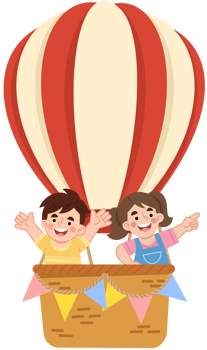 Illustration of a happy boy and girl in a hot air balloon png