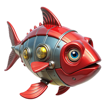 serene classic Red Robotic Fish 3D Illustration 4K png