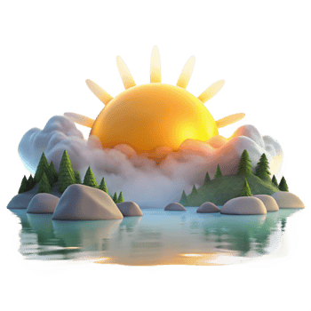 vibrant creative 3D Sun Rising Over Island Lake Illustration genuine png