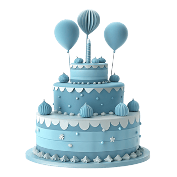 Threetiered Baby Blue Birthday Cake with Balloons and Meringues png