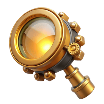 beautiful traditional Golden Gear Magnifying Glass 3D Illustration 4K png