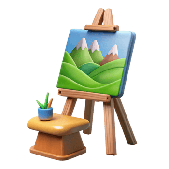 wonderful artistic 3D Render Easel with Mountain Landscape Illustration high quality png