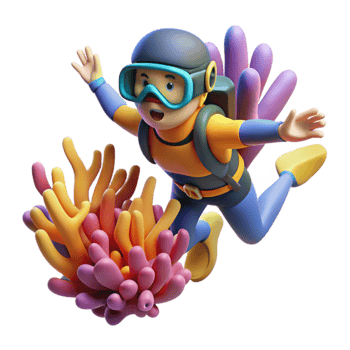 elegant rustic 3D Cartoon Diver and Coral Reef Illustration exclusive png