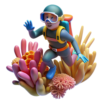 extraordinary artistic 3D Illustration Diver Cartoon Exploring Coral Reef high quality png