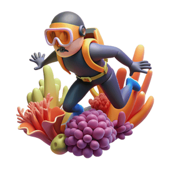 impressive modern 3D Illustration Diver Exploring Coral Reef premium png