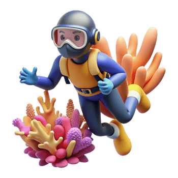 dramatic vintage 3D Cartoon Diver and Coral Reef Illustration detailed png