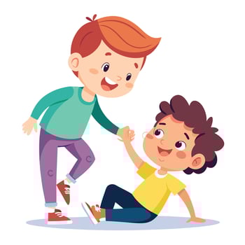 Kind Little Boy Helping His Friend Stand Up with a Bright and Cheerful Expression vector