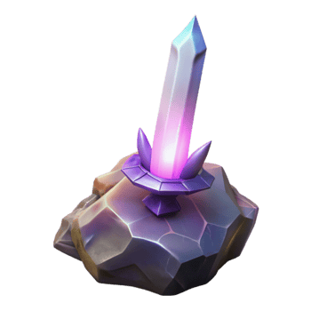 impressive vintage Glowing Crystal Sword on Rock 3D Render high quality png
