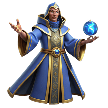 wonderful contemporary 3D Render Fantasy Wizard Blue Robe Gold Trim 4K png