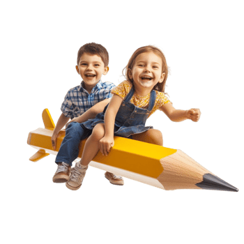 Happy Kids Sitting on a Giant Pencil Illustration png