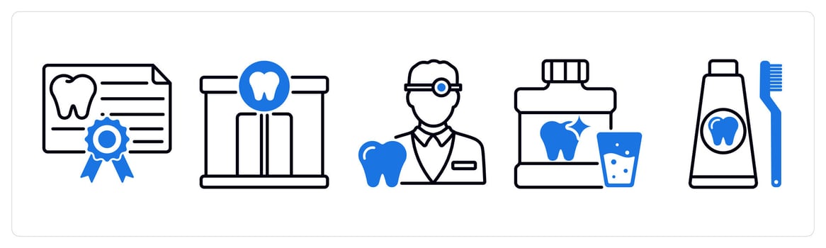 Set of 5 Dental Care icons as dental certificate, dental clinic, dentist vector