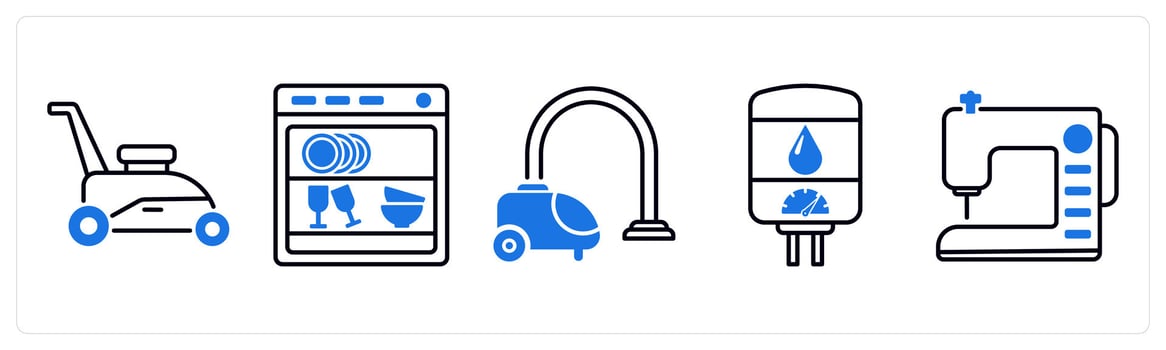 Set of 5 Home Appliances icons as grass trimmer, dishwasher, vacuum cleaner vector