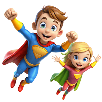 adorable young super hero two kid flying cartoon is isolated on transparent background png