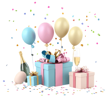 Birthday gift boxes with balloons and confetti png