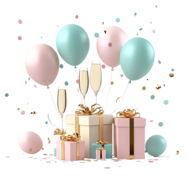 Birthday party with balloons and gifts on black background 3d rendering png