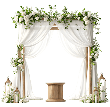 Wedding arch with white drapes and flowers png